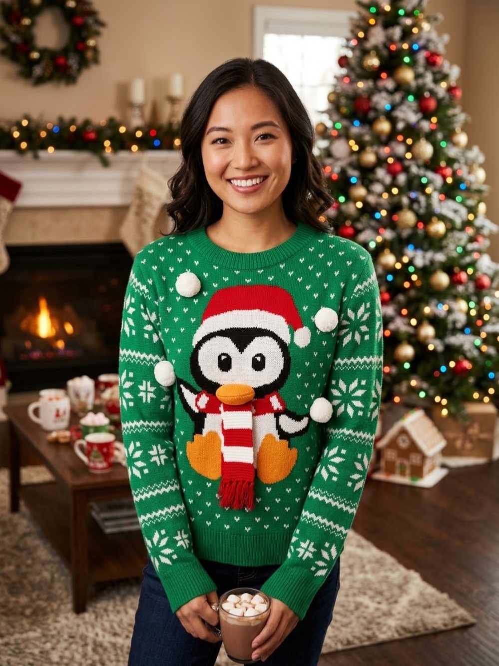 Ardene Green Crewneck Sweater with Festive Penguin - Size S